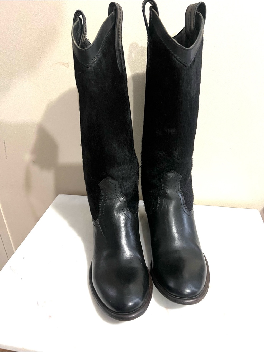Frye Black Leather and Haircalf Over-the-Knee Boots